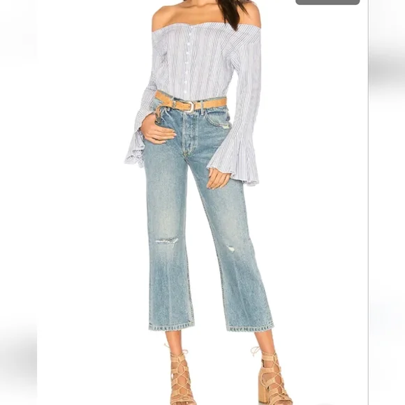 Free People Striped Blue Off Shoulder Blouse Bell Sleeve XS - Picture 3 of 14